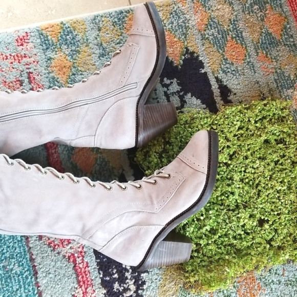 JEFFREY CAMPBELL FREE PEOPLE Over The Knee OTK JOE Grey Lace Up Heels Boots 8.5 - Picture 10 of 16